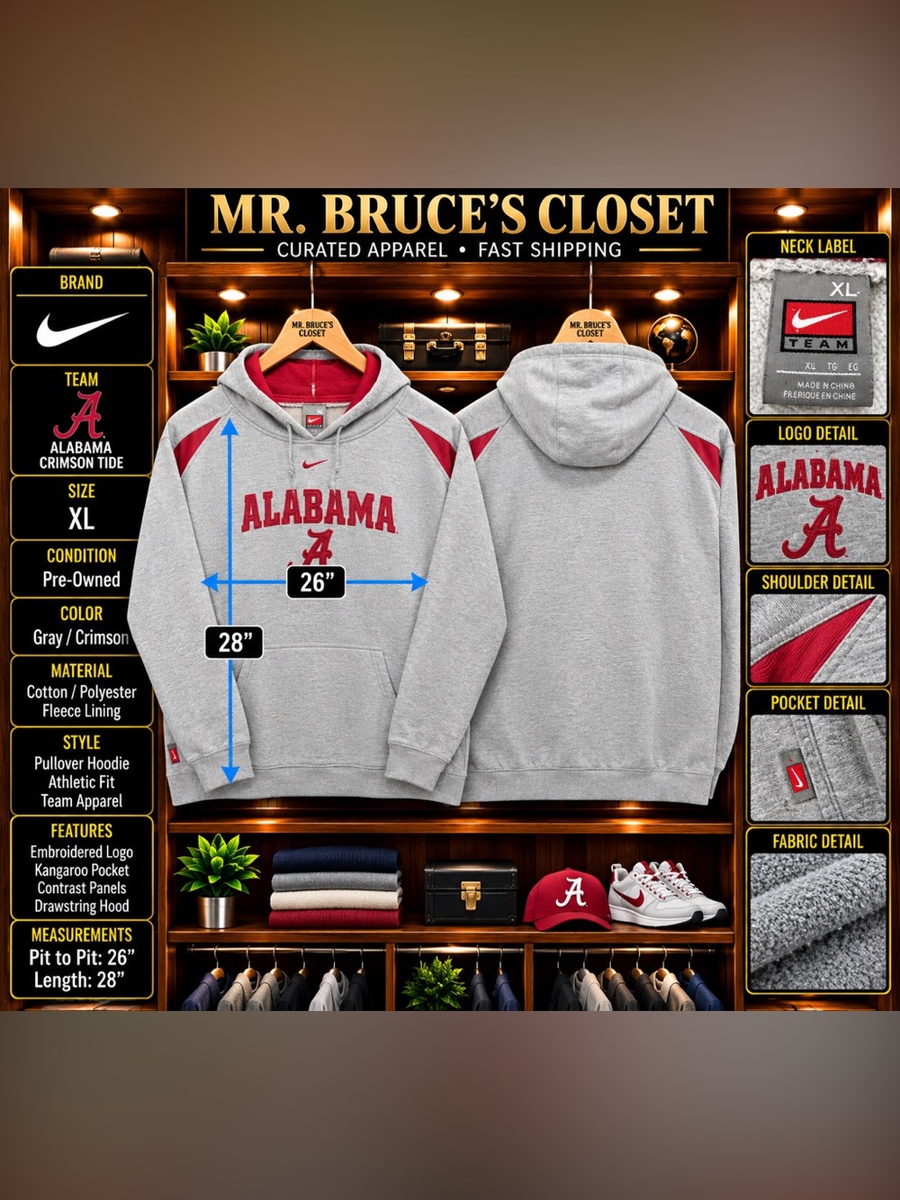 Nike Alabama Crimson Tide Hoodie Men’s XL Gray Crimson Pullover NCAA Vintage
